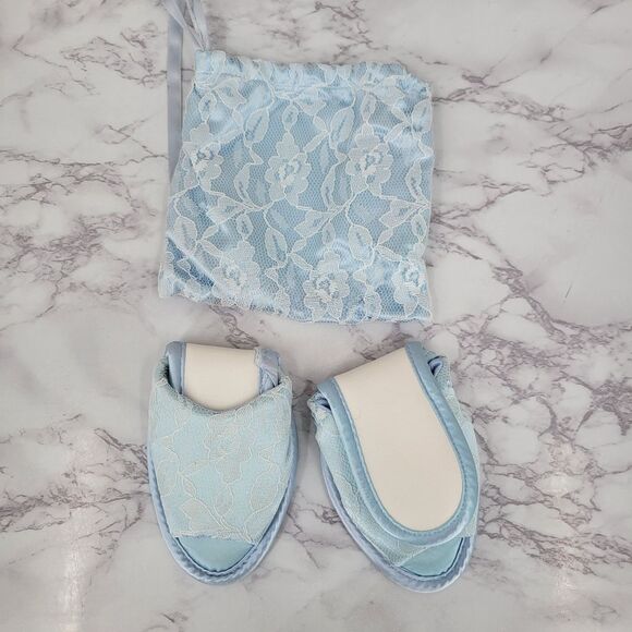 Vintage Blue Satin and Lace Women's House Slippers 60s Peep Toe - Picture 3 of 12